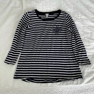 Jcrew MEDIUM striped cotton long sleeve top nautical flower brooch jeweled
